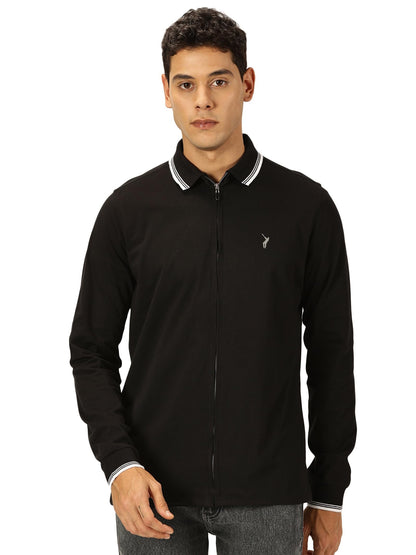 Thomas Scott Full Sleeve Spread Collar Solid Color Jacket with Ribbed On Sleeve for Men Black