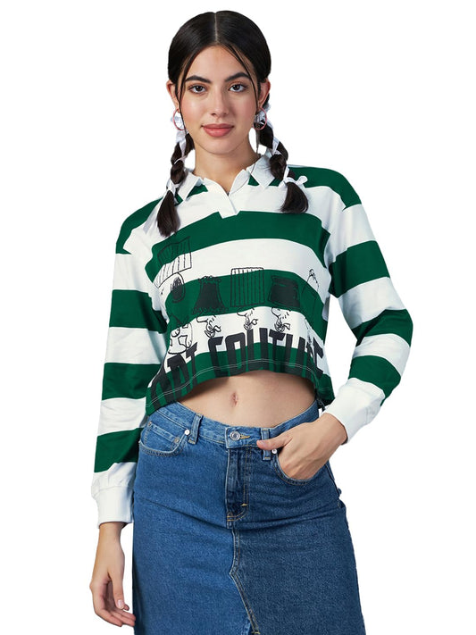 Bewakoof Womens Graphic Print Oversized Fit Full Sleeve Polo Cotton Short Top_615090_White_L