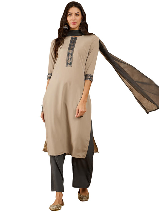 ZIYAA Women's Beige Crepe Kurta,Palazzo Set with Dupatta