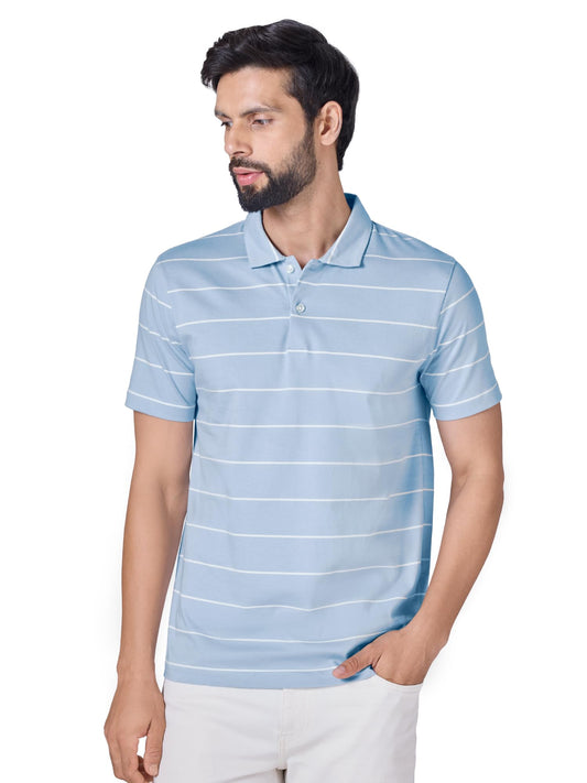 XYXX Linea Mens Stripe Cotton T-Shirt | Polo Collor Tshirts | Half Sleeves | Stripe-Slim Fit | Sky Blue