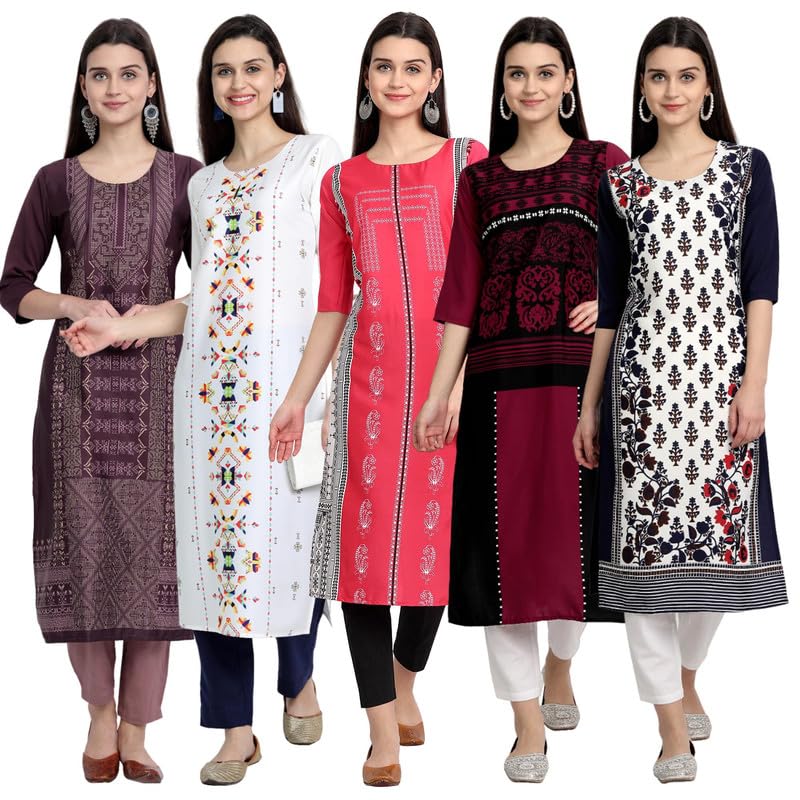 Pinkmint WomenS Printed Kurti For WomenS Round Neck Straight Kurti For Women (Pack Of 5)