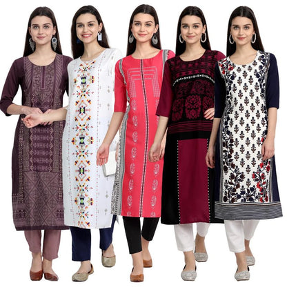 Pinkmint WomenS Printed Kurti For WomenS Round Neck Straight Kurti For Women (Pack Of 5)