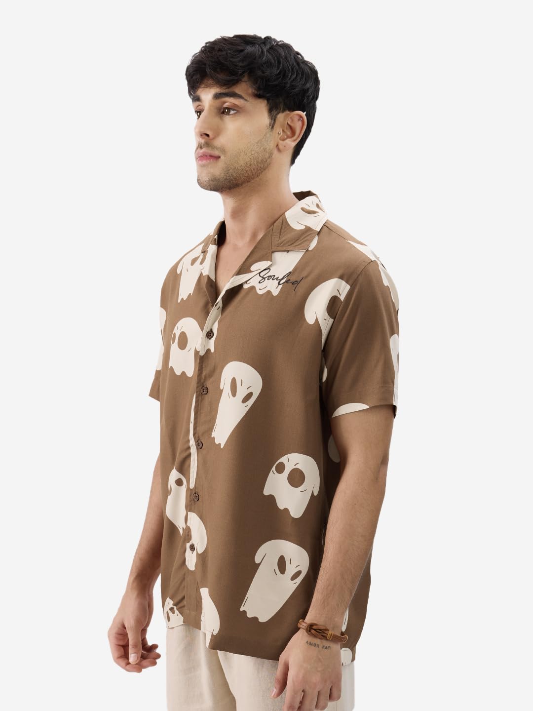 The Souled Store 4 Souls Holiday Men and Boys Short Sleeves Collared Neck Button Front Brown All Over Printed Cotton Shirts