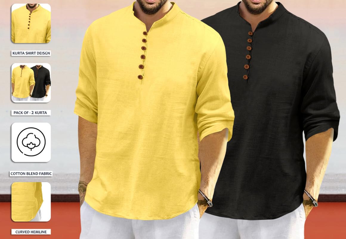 Royalscout MenS Cotton Polyester Blend Solid Regular Fit Full Sleeve Short Kurta | Ethnic, Lightweight Summer Kurta For Daily &