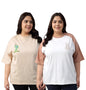 Juneberry 100% Pure Cotton Oversized Loose Baggy Fit Drop Shoulder Graphic Printed Plus Size T-Shirt Combo For Women (Pack Of 2)