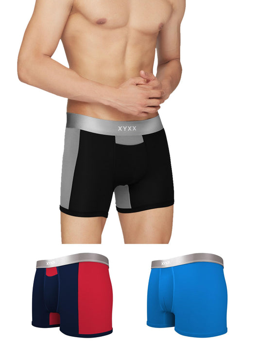 XYXX Mens Underwear Illuminati IntelliSoft Antimicrobial Micro Modal Trunk Pack of 3 (Black Iris & Tango Red ; Black & Steel Gr