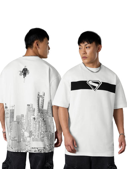 The Souled Store Superman: Fly Up Men and Boys Short Sleeves Round Neck White Graphic Printed Cotton Premium Heavy Gauge Fabric