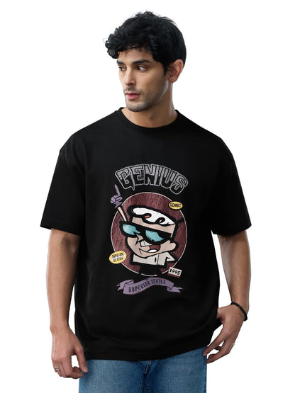 The Souled Store Cartoon Network: Genius Men and Boys Short Sleeves Round Neck Black Graphic Printed Cotton Oversized T-Shirts