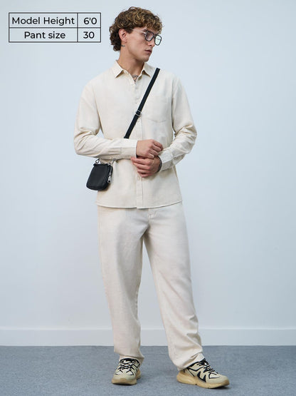 The Souled Store Cotton Linen Pants: Ecru Men and Boys Drawstringed Solid Straight Fit Cotton Linen Pants