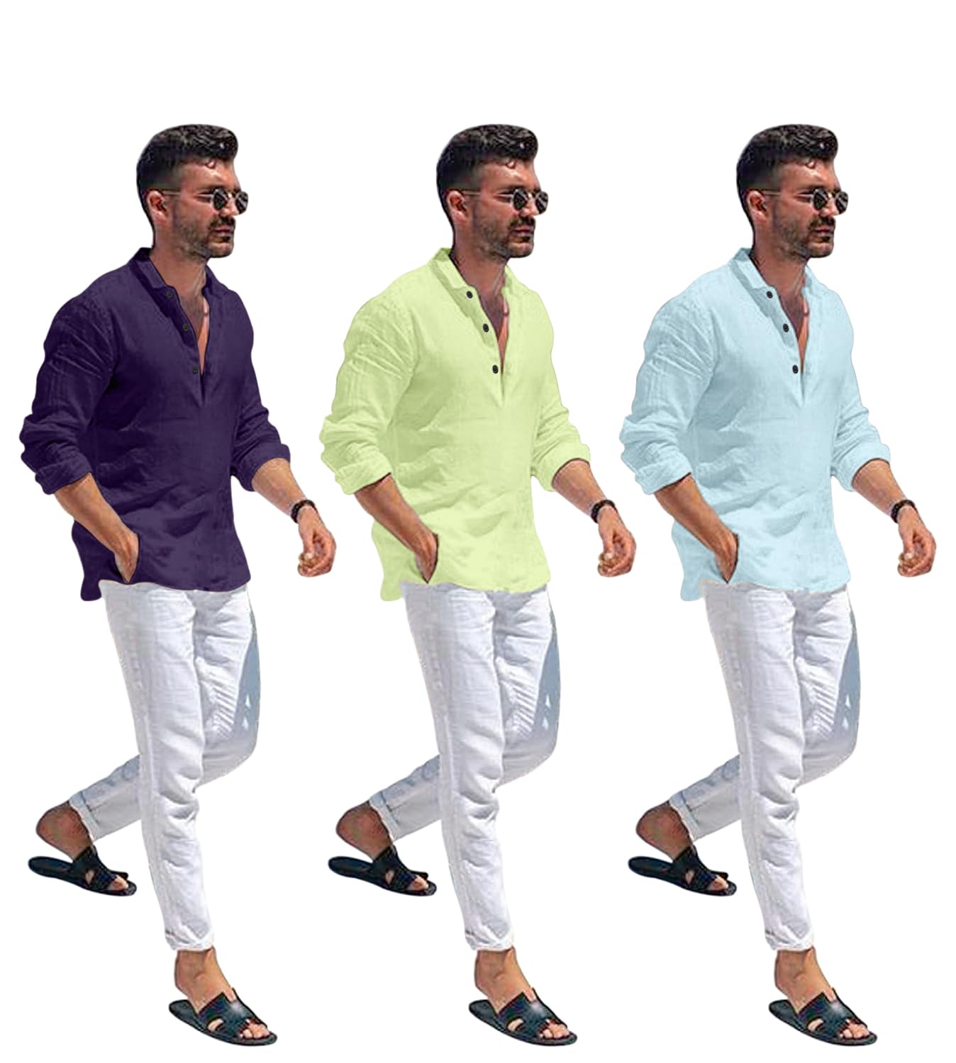 Zartha Combo Of Men Solid Cotton Blend Straight Kurta Shirt Pack Of 3