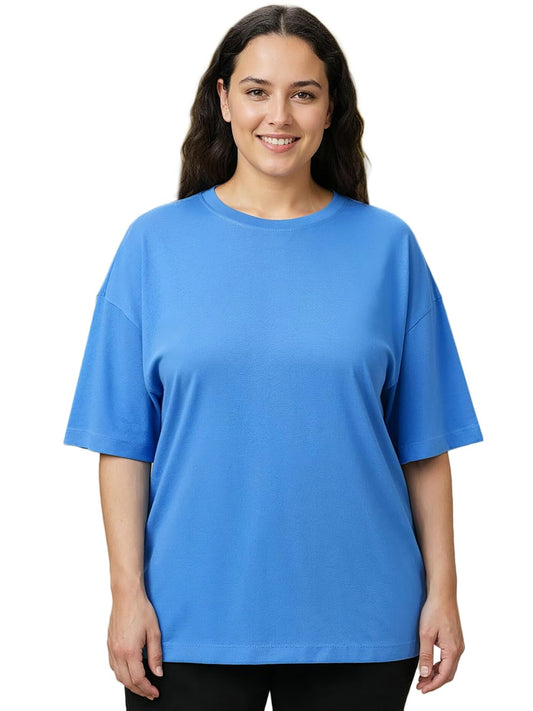 Bewakoof Womens Solid Oversized Fit Half Sleeve Round Neck Cotton Jersey T-Shirt_659432_Blue_4XL