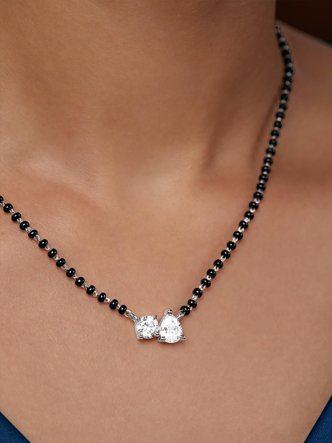 MINUTIAE Stylish AD Pendant Necklace, Adjustable Brass Mangalsutra with Black Beads, Silver Color for Women