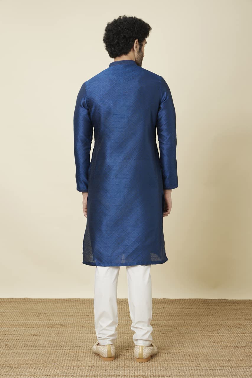 Manyavar Mens Art Silk Self Design Full Sleeves Knee Length Kurta Set (Blue, L)