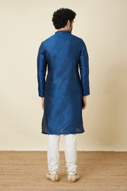 Manyavar Mens Art Silk Self Design Full Sleeves Knee Length Kurta Set (Blue, L)