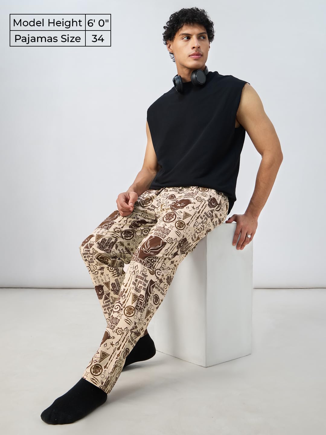 The Souled Store Black Panther: King Of Wakanda Men and Boys Pull On Brown All Over Printed Regular Fit Cotton Pajamas