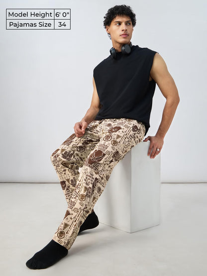 The Souled Store Black Panther: King Of Wakanda Men and Boys Pull On Brown All Over Printed Regular Fit Cotton Pajamas