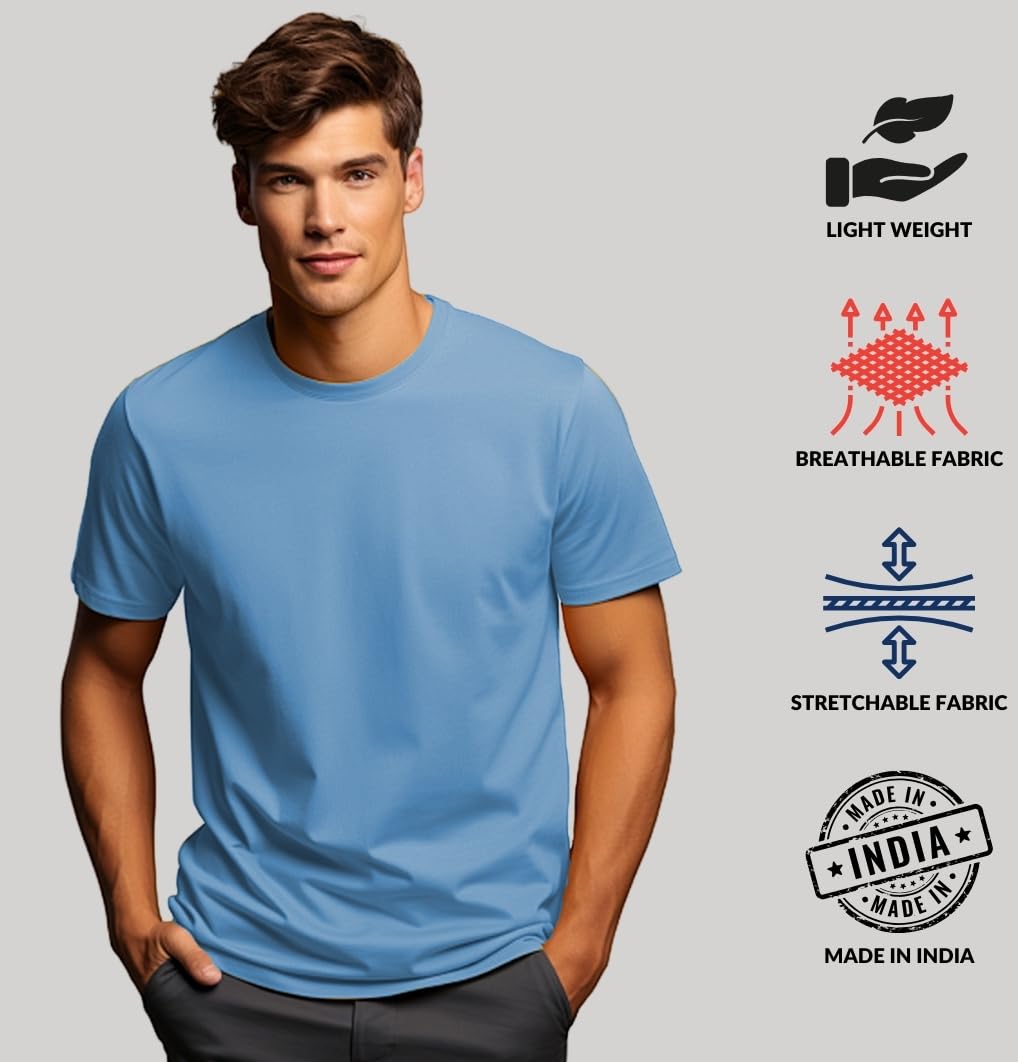 ADRO Mens Solid Regular Fit T-Shirt (RCM2-PLN-SK-SK_Sky Blue