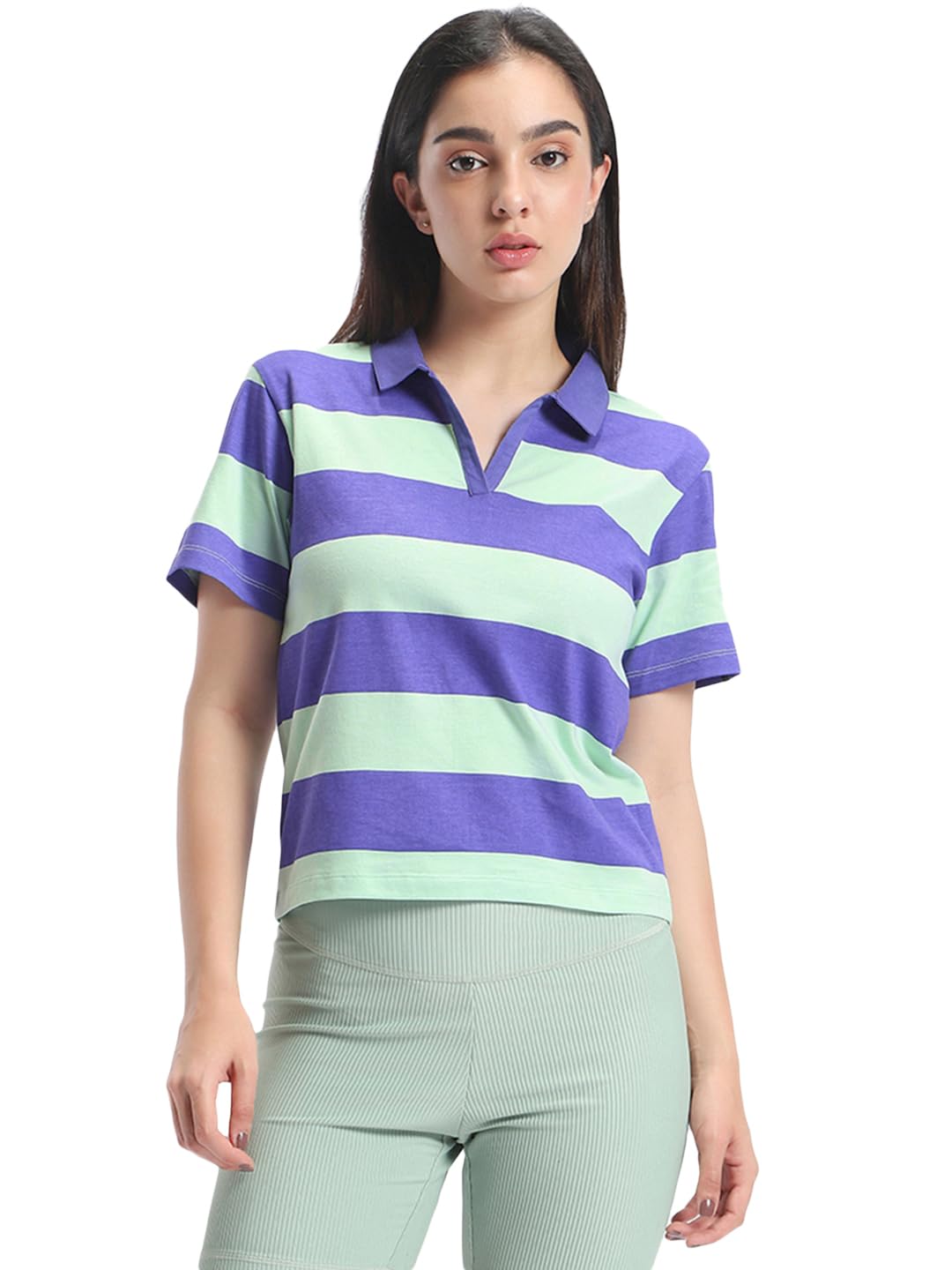 Bewakoof Womens Striped 100% Cotton Polo T-Shirt - Oversized Fit, Polo Collar, Half Sleeves_580345_Multicolor_XS
