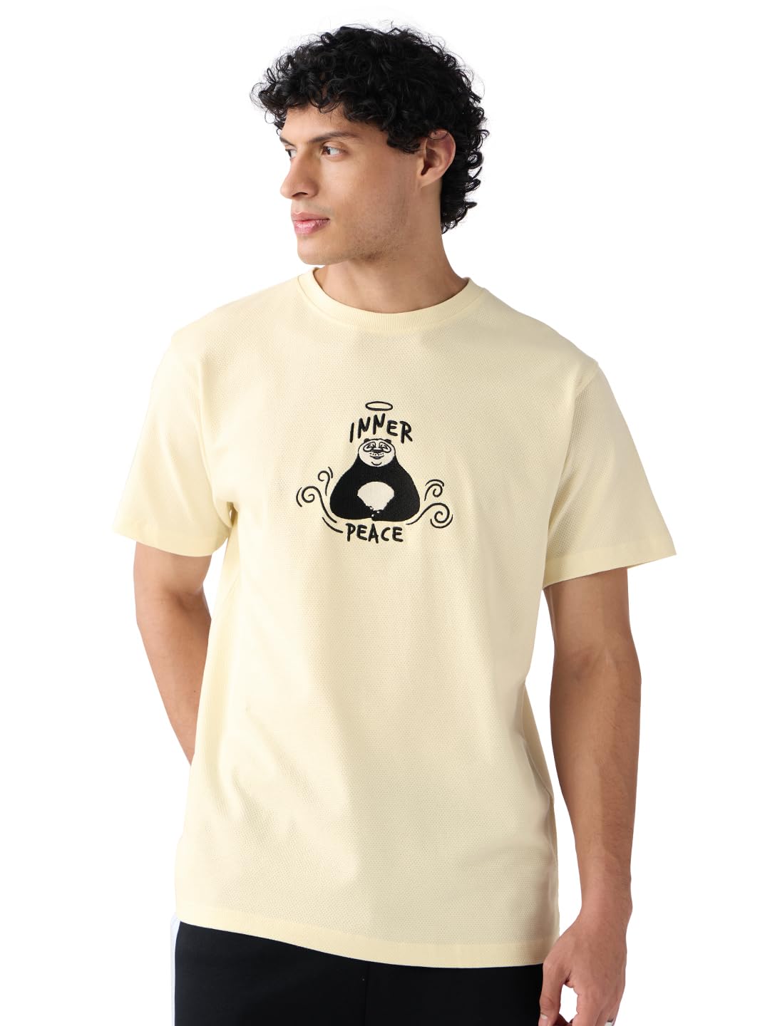 The Souled Store Textured T-Shirt: Kung Fu Panda Peace Men and Boys Short Sleeves Round Neck Off White Embroidered Regular Fit C