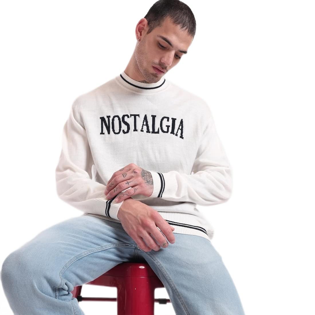 Bewakoof Mens Typography Oversized Fit Full Sleeve Round Neck Acrylic Sweater