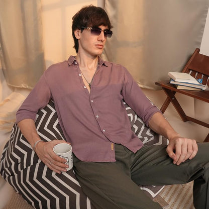 Campus Sutra Mens Nude Pink Woven-Textured Shirt | Casual Wear | Spread Collar | Long Sleeve | Button Closure | Shirt Crafted w