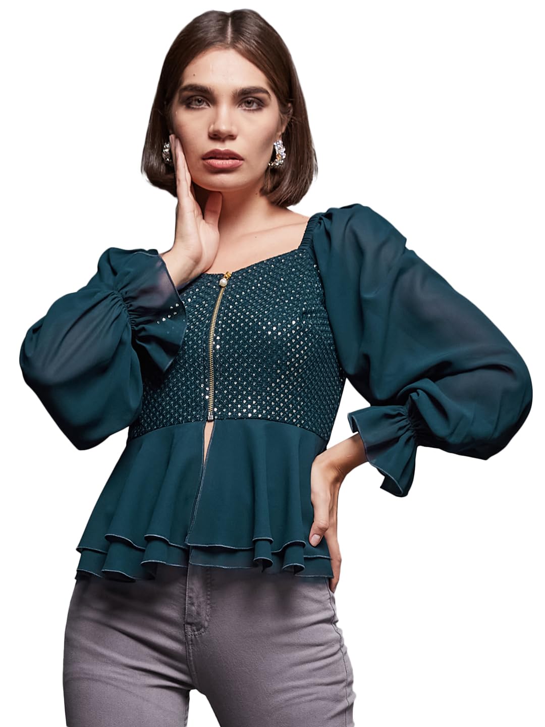 Miss Chase WomenS Sweetheart Neck Full Sleeve Embellished Georgette Regular Top (Mcss23Tp14-23-83-03, Teal, S)