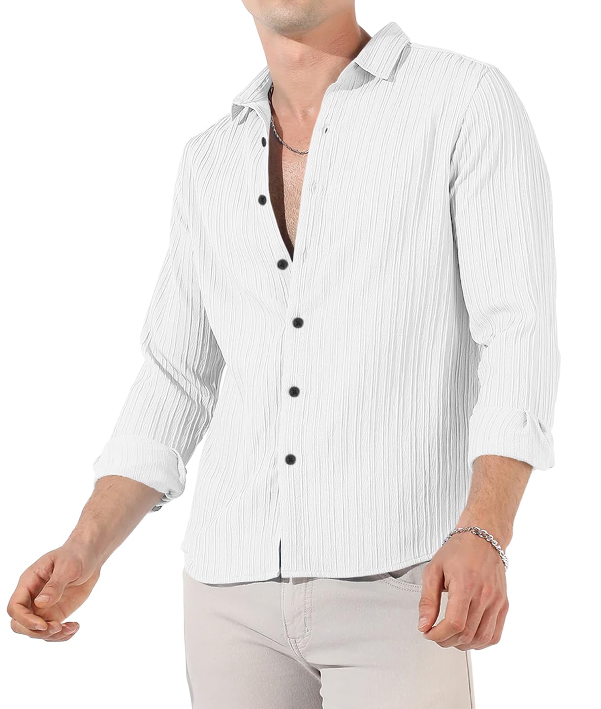 Finivo Fashion MenS Cotton Casual Striped Button Down Shirts Long Sleeve Textured Summer Beach Shirt For Men White