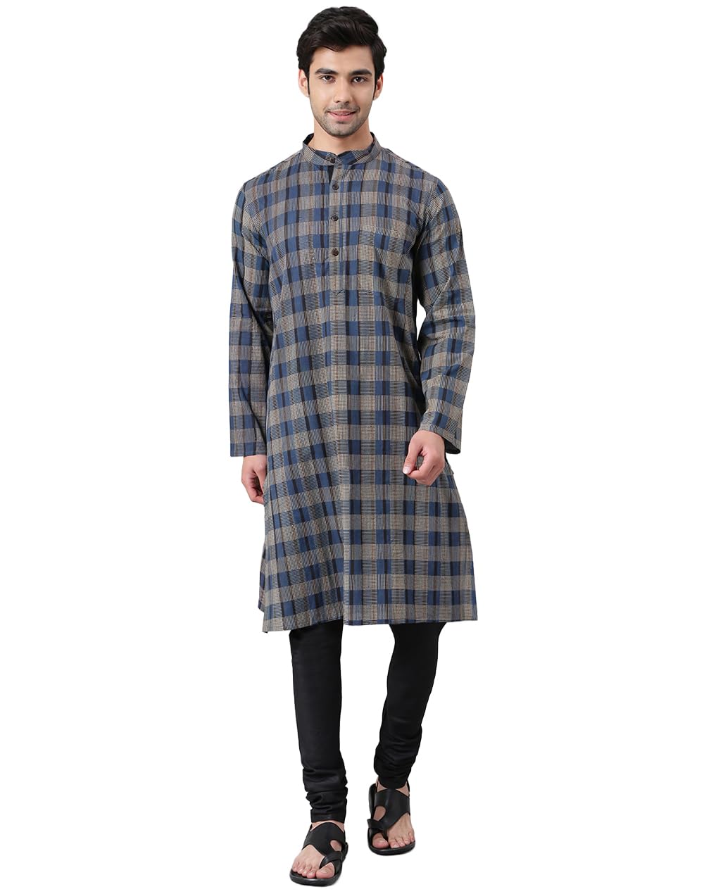 Fabindia MenS Blue Cotton Printed Comfort Fit Long Kurta
