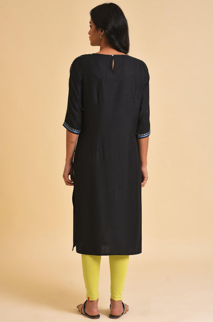 W Black Geometric Printed Cotton-Rayon Blend Straight Long Kurta For Women