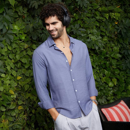 Campus Sutra Mens Cornflower Blue Breezy Wrinked Relaxed Shirt for Casual Wear | Spread Collar | Long Cuffed Sleeves | Button C