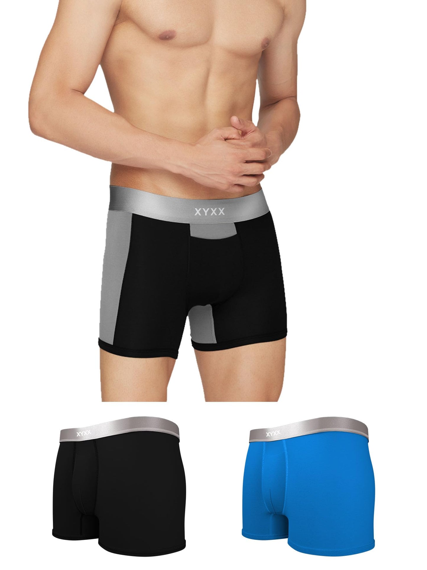 XYXX Mens Underwear Illuminati IntelliSoft Antimicrobial Micro Modal Trunk Pack of 3 (Black & Steel Grey ; Brilliant Blue ; Bla