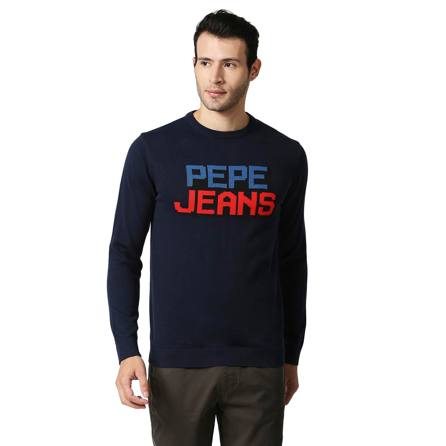 Pepe Jeans Mens Jesson Jaquard Brand Carrier Sweater, Navy,L