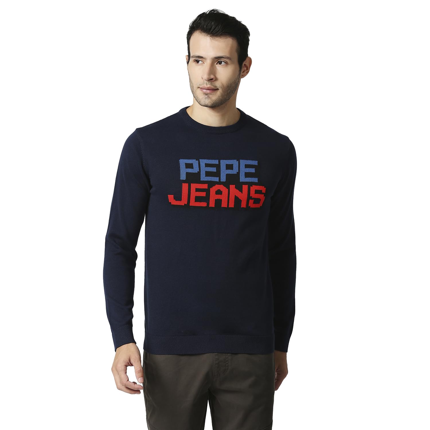 Pepe Jeans Mens Jesson Jaquard Brand Carrier Sweater, Navy,L