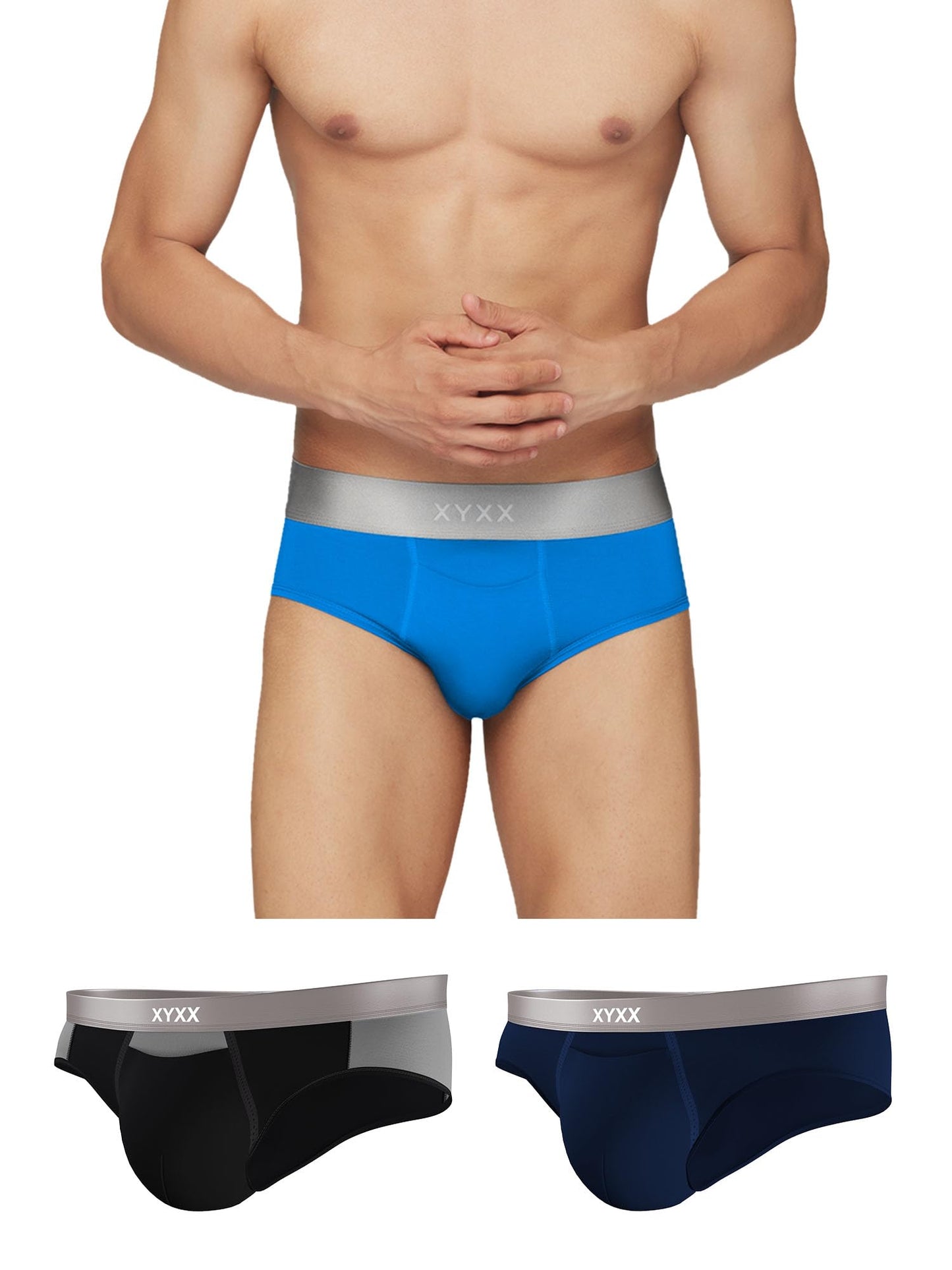 XYXX Mens Underwear Illuminati IntelliSoft Antimicrobial Micro Modal Brief Pack of 3 (Black & Steel Grey ; Brilliant Blue ; Bla
