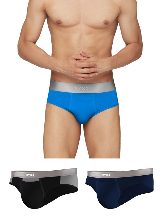 XYXX Mens Underwear Illuminati IntelliSoft Antimicrobial Micro Modal Brief Pack of 3 (Black & Steel Grey ; Brilliant Blue ; Bla