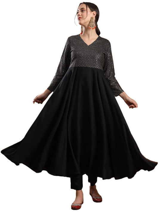 Anni Designer WomenS Viscose Rayon Mukaish Work Anarkali Kurta With Pant & Dupatta (Park Black_Xl_Black_X-Large)