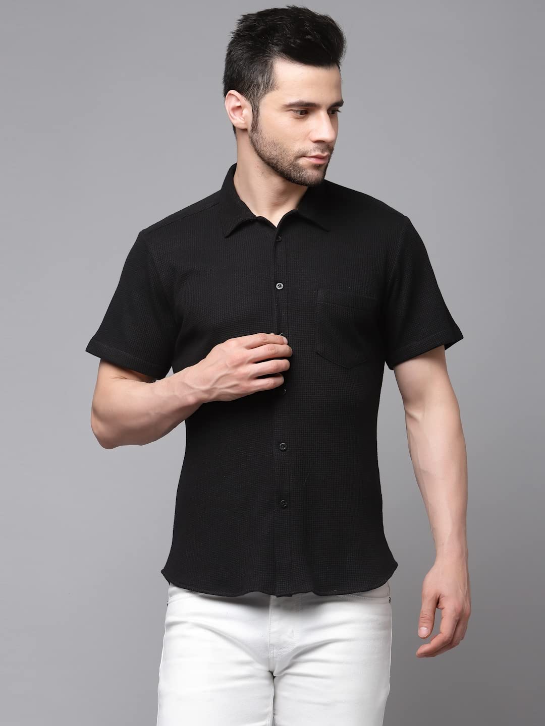 Rigo Waffle Knit Self-Textured Slim Fit Shirt for Mens | Half Sleeve Shirt for Men | Summer Shirts for Men Black