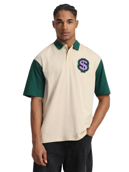 Veirdo Mens Oversized Baggy Fit Drop Shoulder Short Sleeve Graphic Printed Polo Neck T-Shirt
