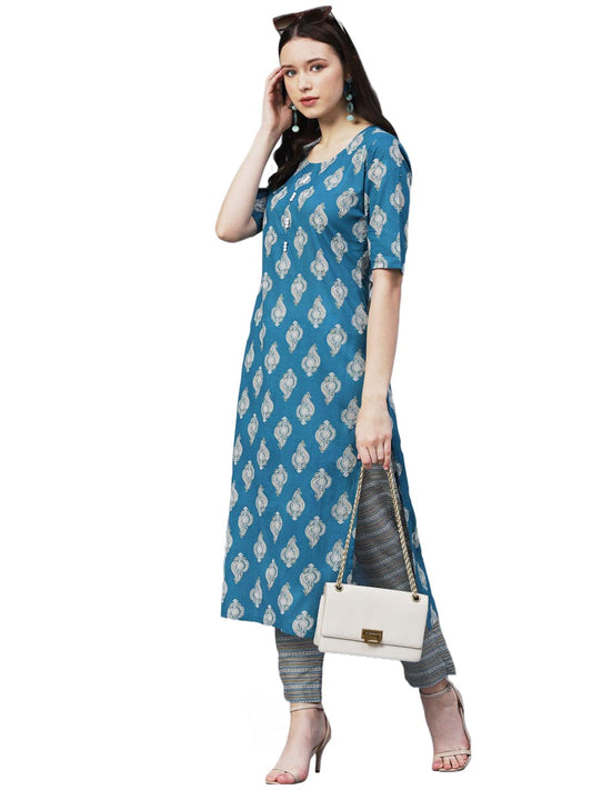 GoSriKi Women's Cotton Blend Printed Straight Kurta with Pant (SHAGUN-GS)
