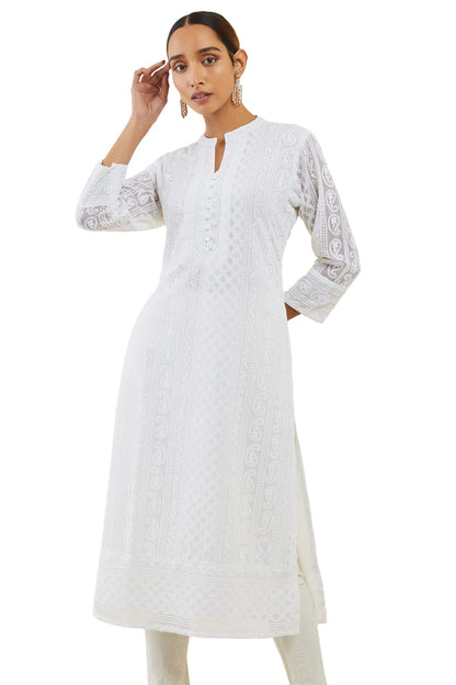Soch Womens Off White Georgette Straight Kurta With Self Embroidered Designs