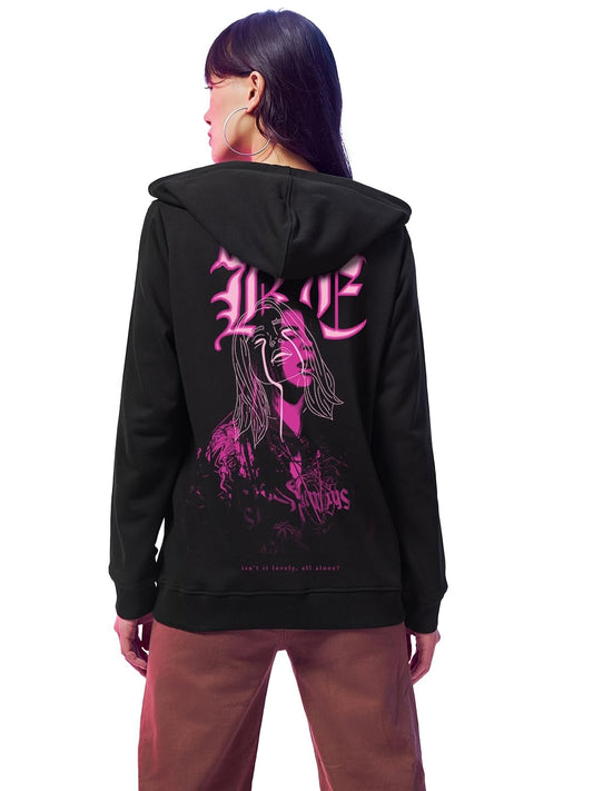 Bewakoof Womens Graphic Print Regular Fit Full Sleeve Hooded Cotton Blend Zipper Hoodies_628355_Black_XS