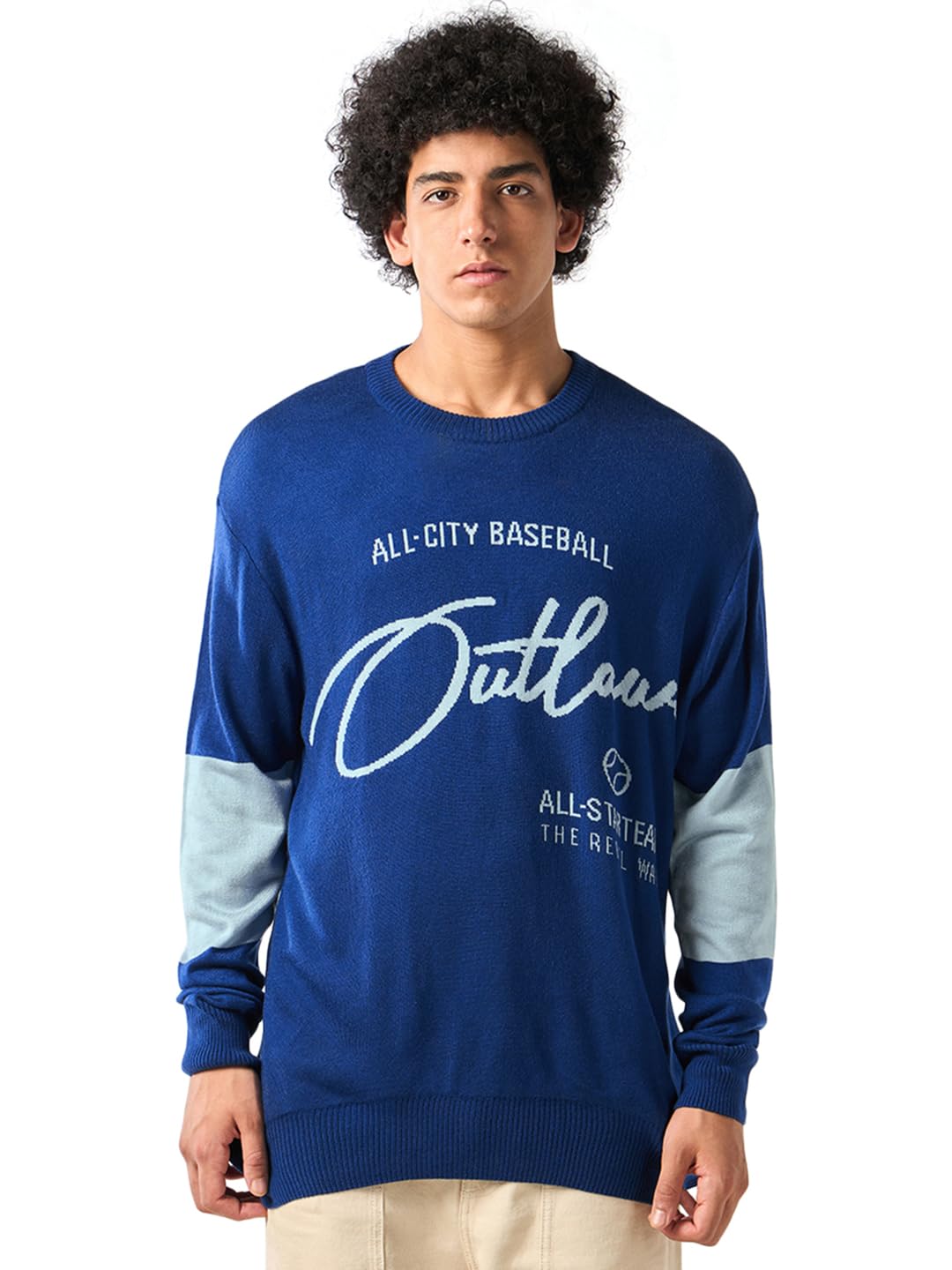 Bewakoof Mens Typography Super Loose Fit Full Sleeve Round Neck 100% Acrylic Sweater_644661_Blue_XL