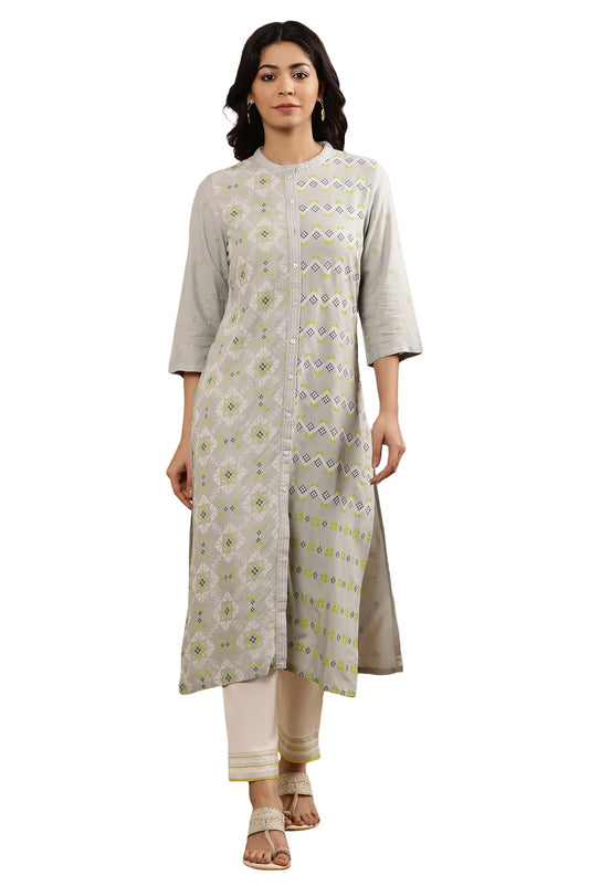 W for Woman W Women Grey Geometric Print Viscose Straight Kurta set with Slim Pant