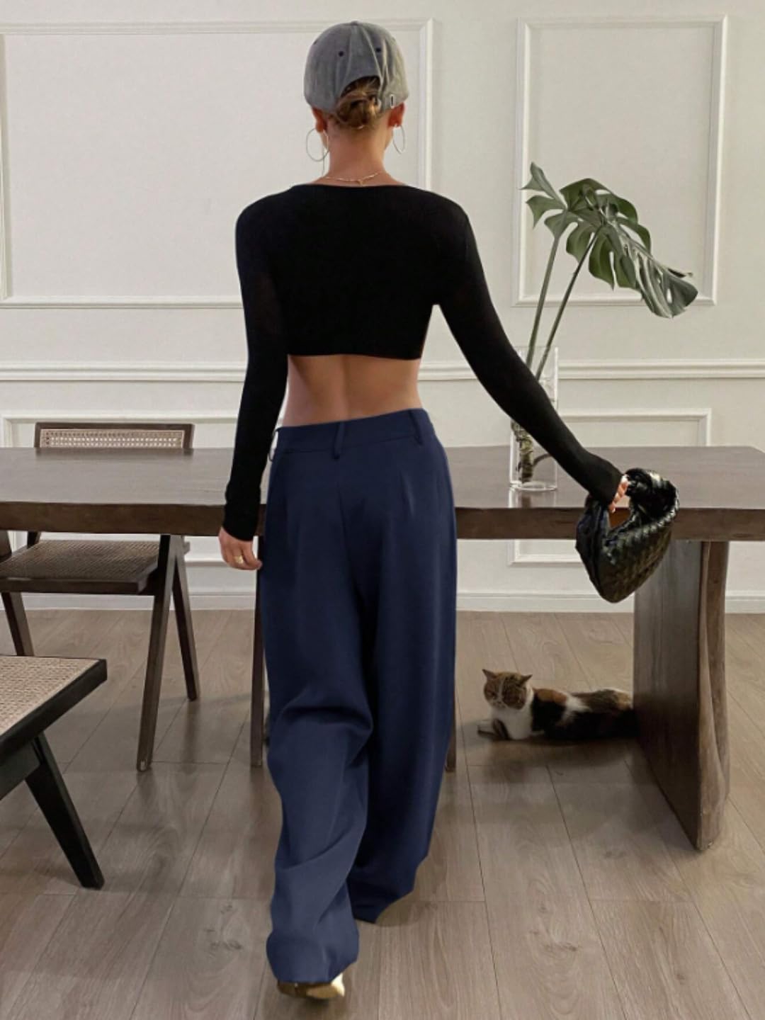 OOMPH! Womens High-Waisted Pant | Wide Leg Trousers | Korean Style Stretchable Trouser Navy Blue