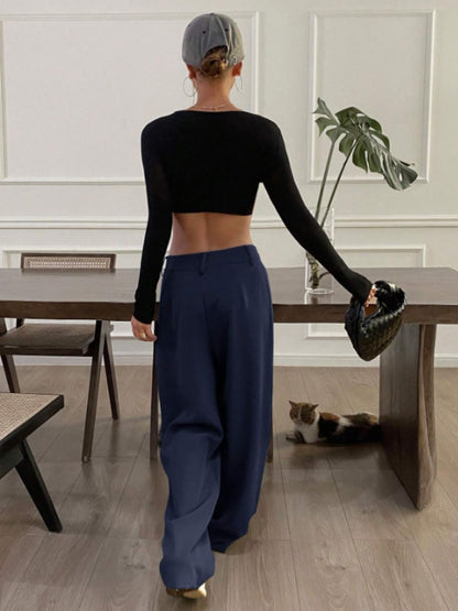 OOMPH! Womens High-Waisted Pant | Wide Leg Trousers | Korean Style Stretchable Trouser Navy Blue