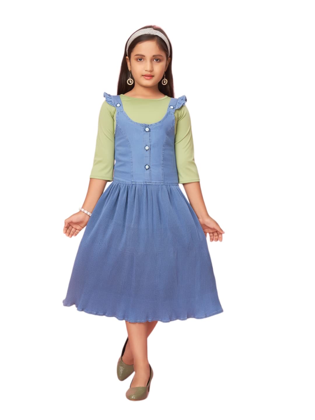 Aarika Girl's Cotton Blend Fit and Flare Calf Length Dress (New_DR-31439_Blue-Green