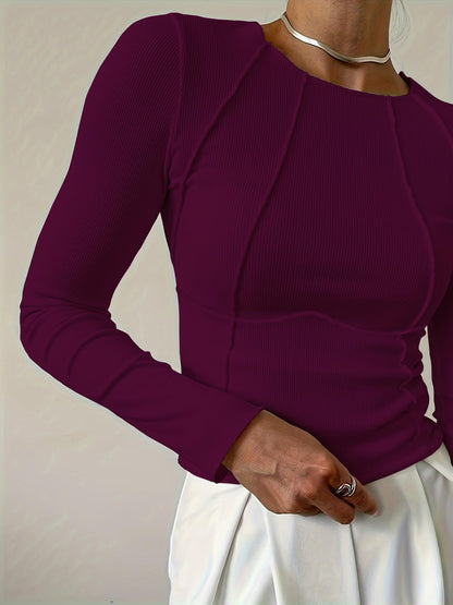 Shasmi Womens Elegant Solid Wine Solid Color Split Bust Long Sleeved Round Neck New Spring and Summer Plain Everyday Matching T
