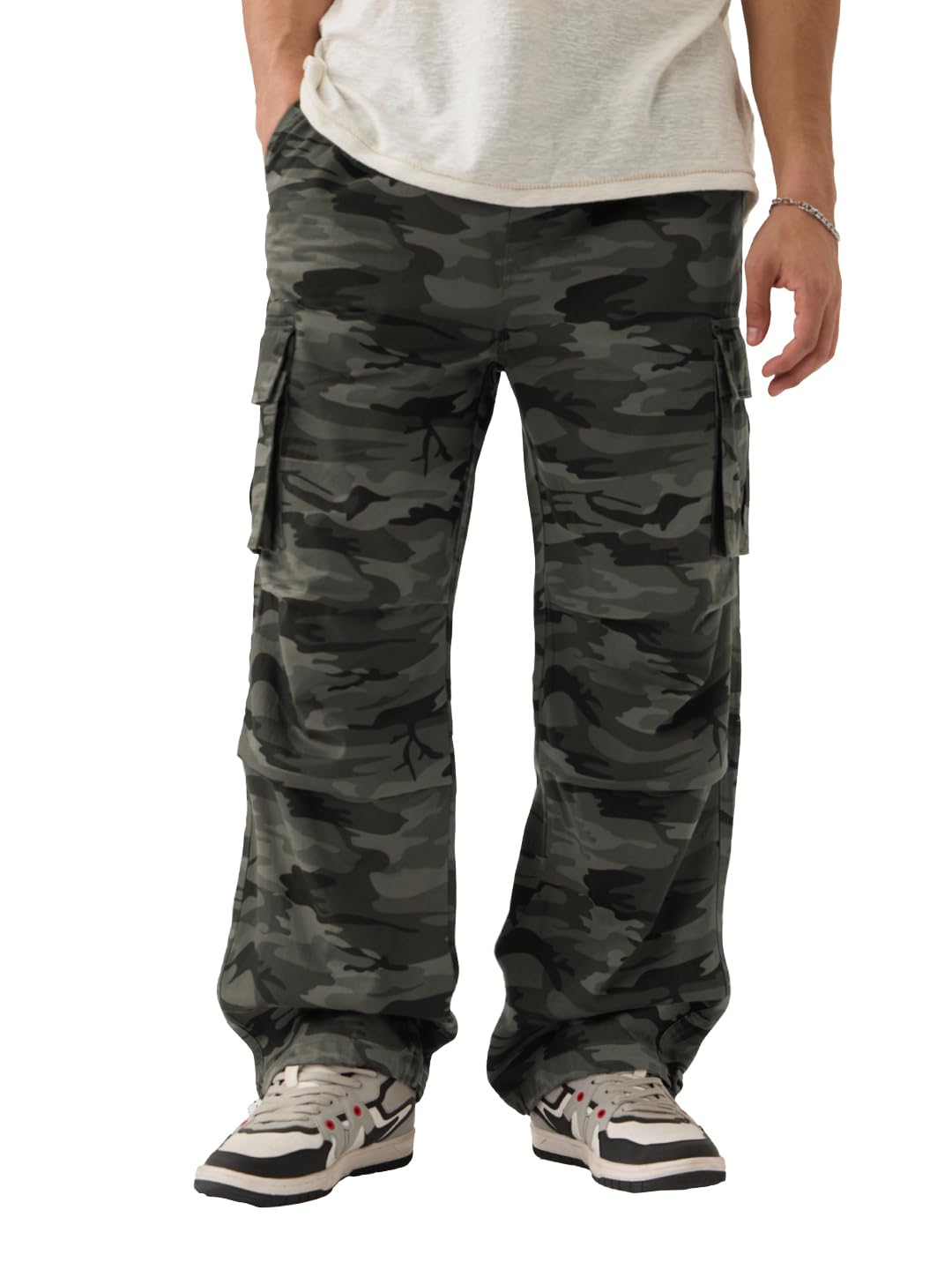 The Souled Store Parachute Pants: Green Camo Men and Boys Buttoned Baggy Fit Cotton Parachute Pants