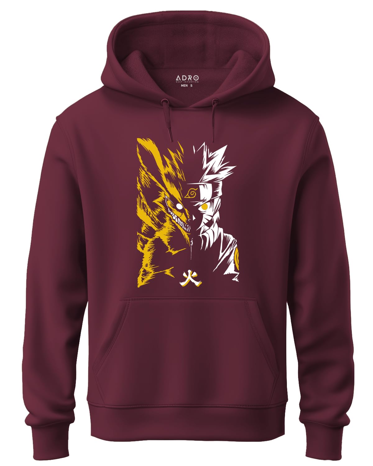 ADRO Mens Hoodies with Naruto Uzumaki Anime Printed, 100% Cotton 340GSM Warm & Soft Fabric. (H23-M-NRR-MR_Maroon)