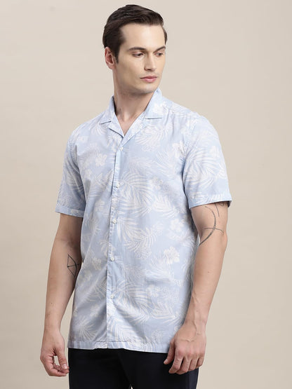 Turtle Men Cotton Tencel Light Blue Printed Half Sleeve Casual Shirt